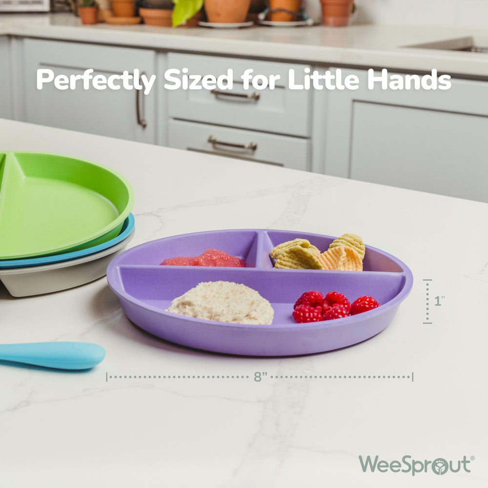 WeeSprout divided plates set4 side-by-side shows durable dishwasher-safe dinnerware
