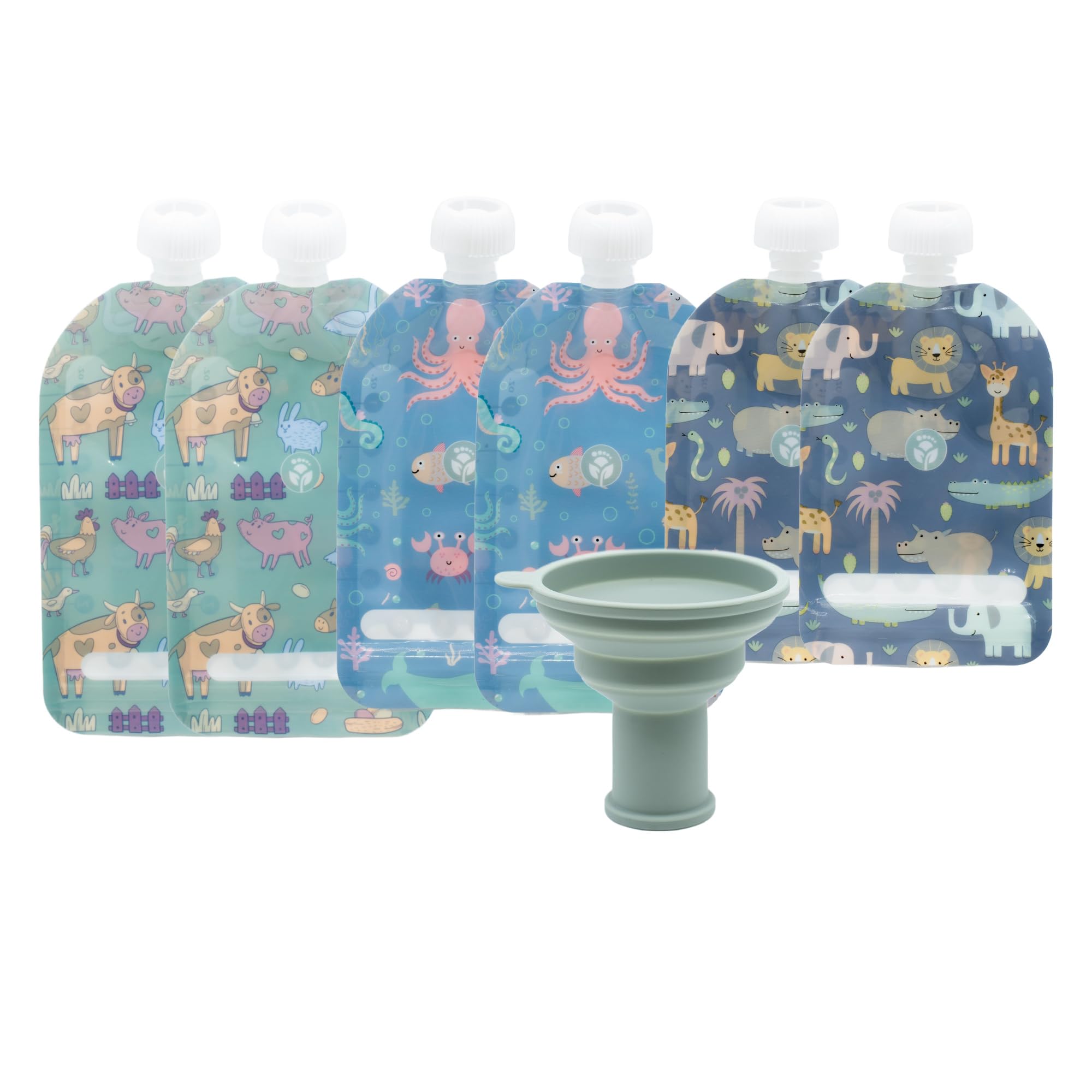 WeeSprout double zipper pouches front view with animal designs for kid-friendly snacks.