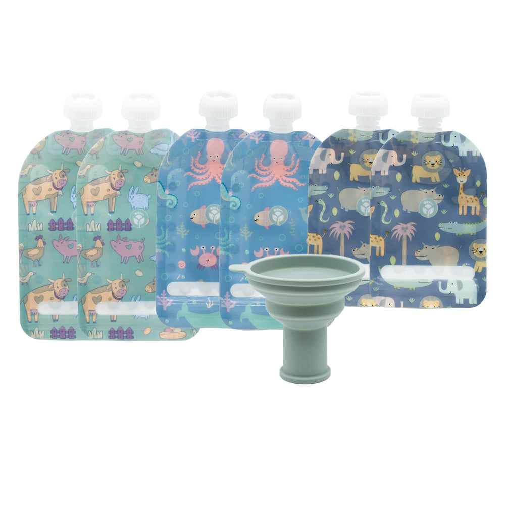 WeeSprout double zipper pouches front view with animal designs for kid-friendly snacks.