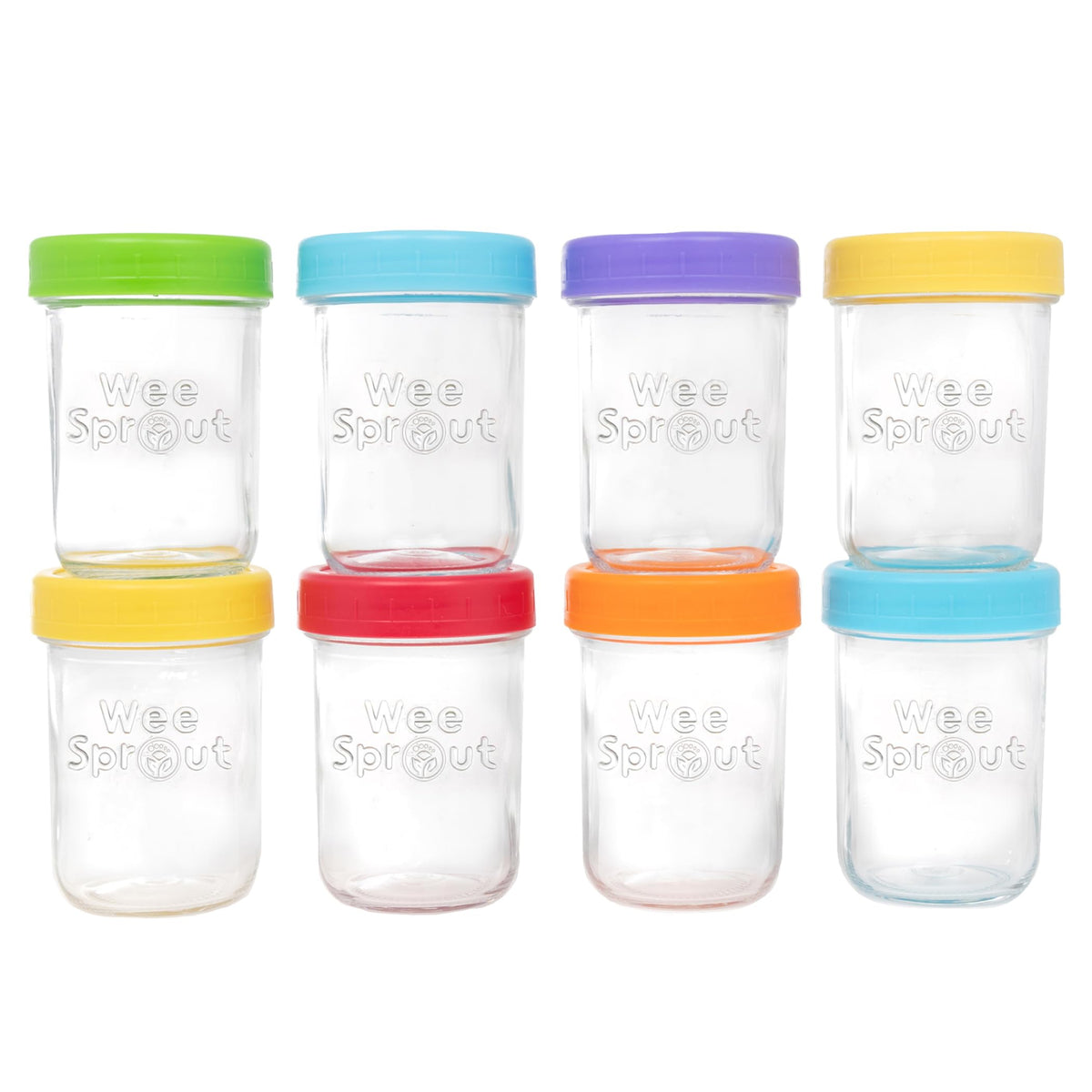 WeeSprout glass baby food containers with lids for durable, reusable puree storage.