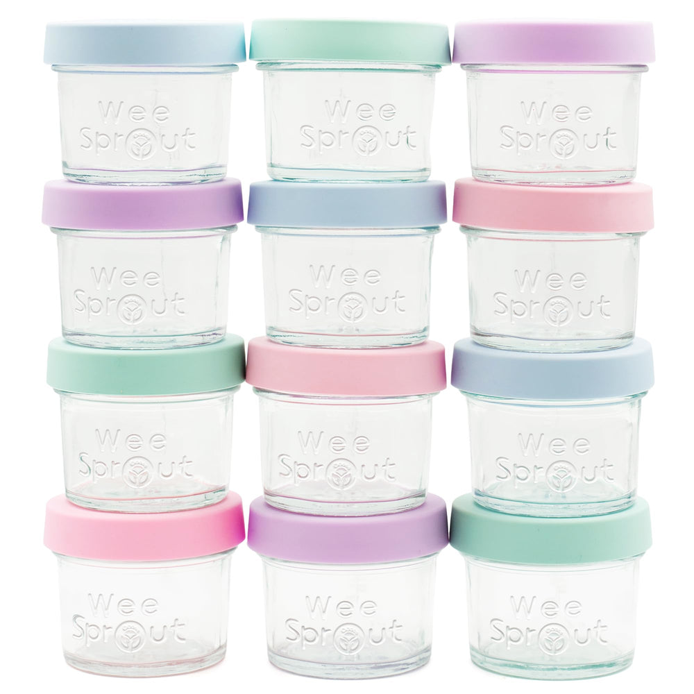 WeeSprout glass jar with green lid perfect for portioned baby meals and leak-free storage