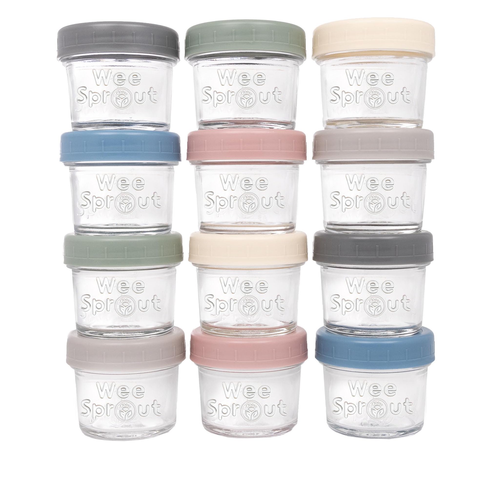 WeeSprout glass baby food jars 4oz 12-pack stacked for batch prep and reuse.