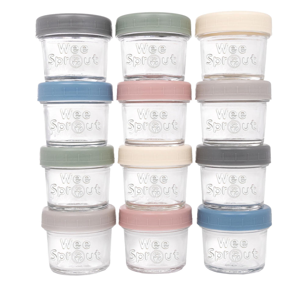 WeeSprout glass baby food jars 4oz 12-pack stacked for batch prep and reuse.