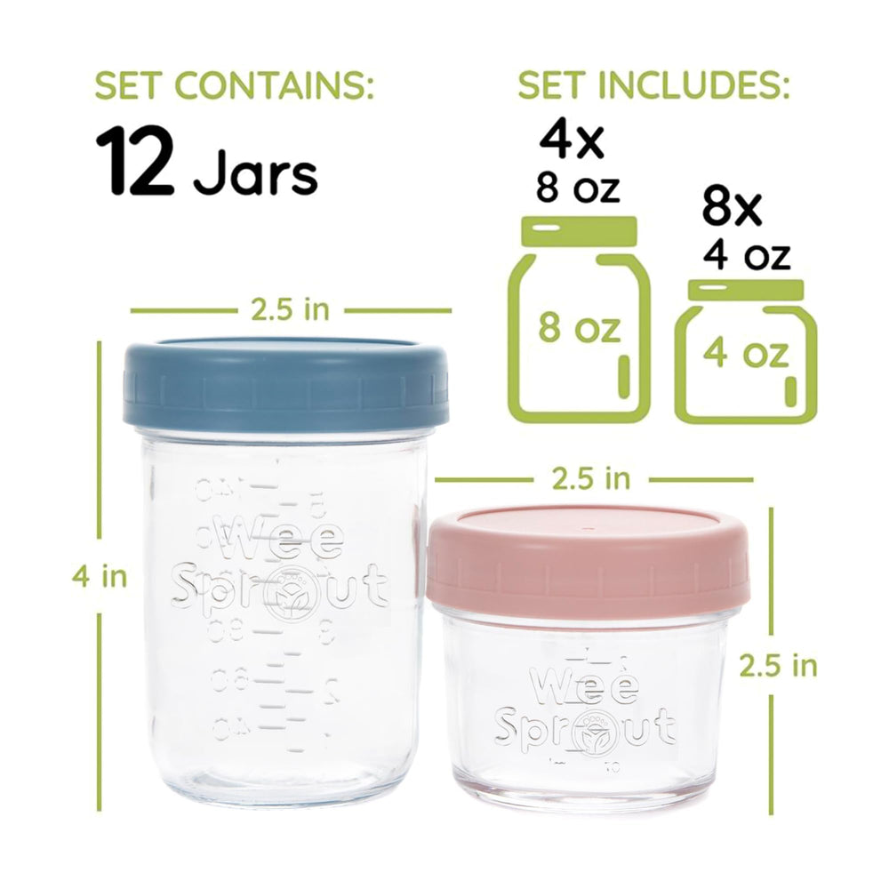 WeeSprout jars with color lids showing variety and leak resistance.