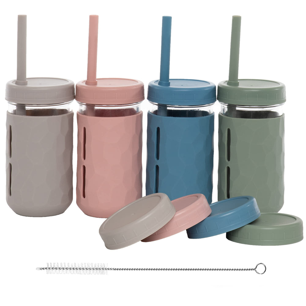 WeeSprout glass cups with lids and straws assembly showing 4-pack ready for toddler meals