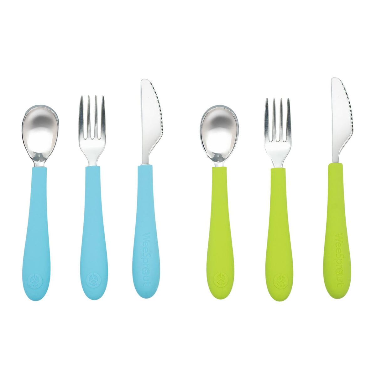 WeeSprout Kids Utensils Set with blue handles improves comfortable grip during meals.