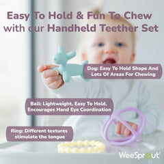 WeeSprout matte green teether set photographed for gender-neutral baby play.