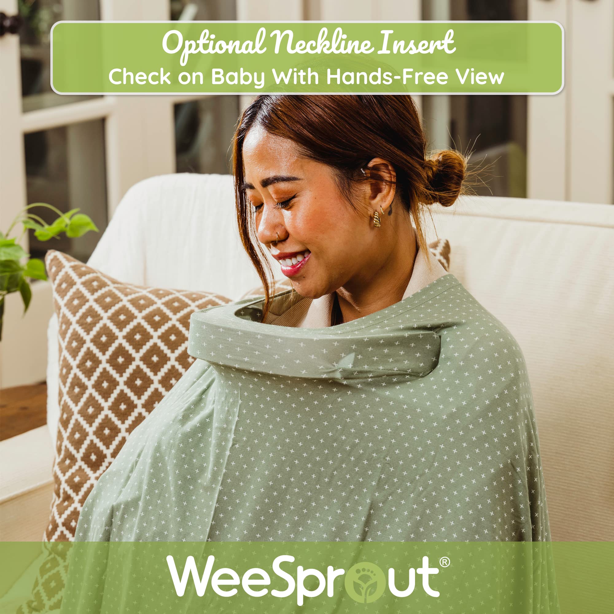 WeeSprout neckline insert enables hands-free view while nursing.
