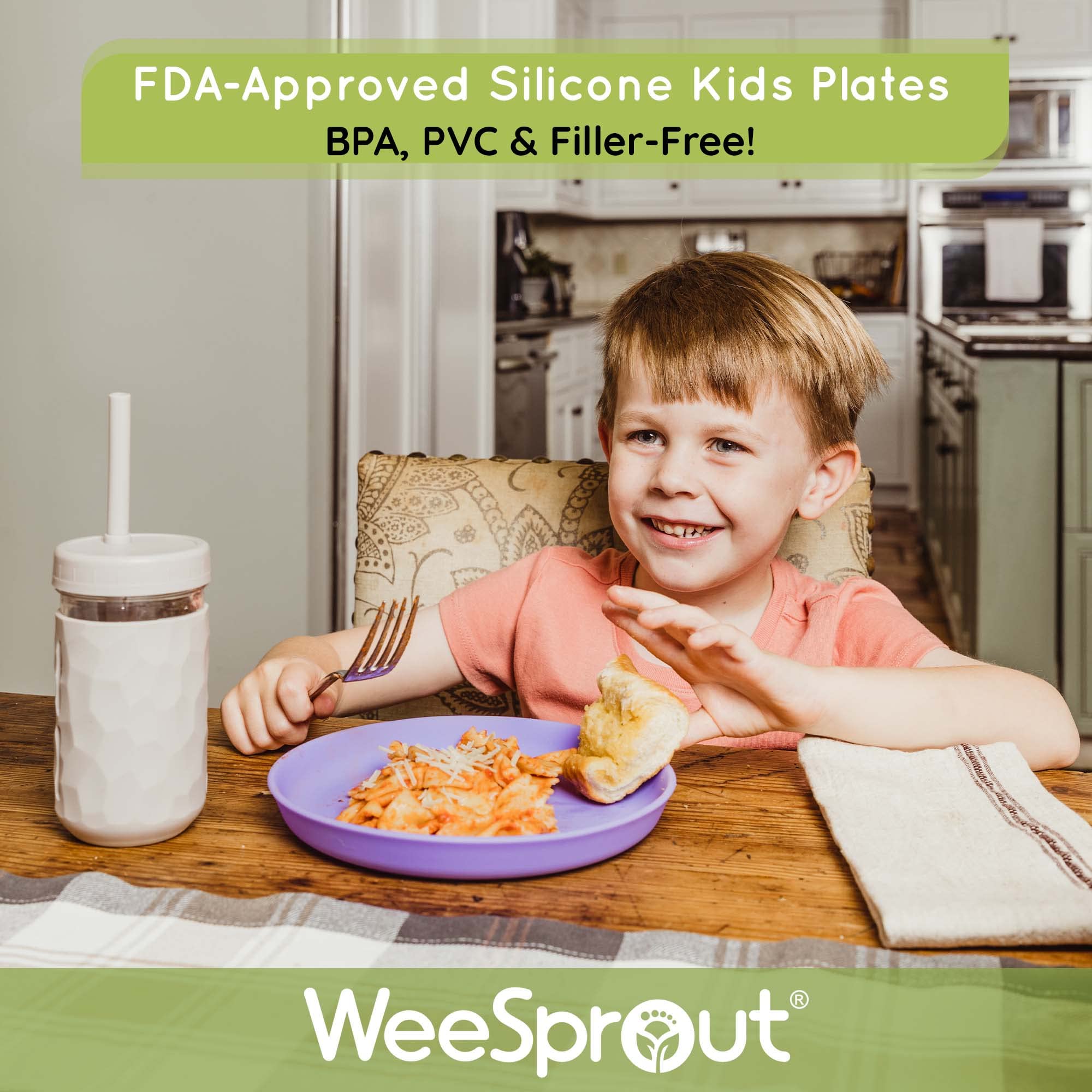 WeeSprout plates in microwave-ready setup demonstrates quick reheating of toddler meals.