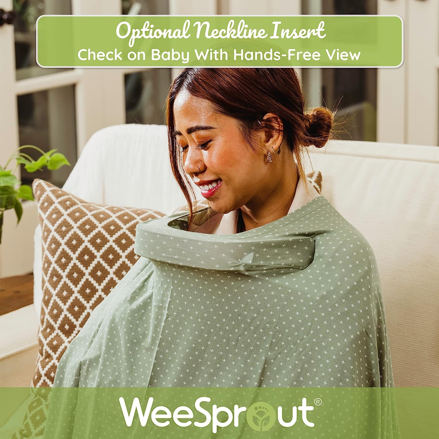 WeeSprout nursing cover with neckline insert enabling hands-free baby view.