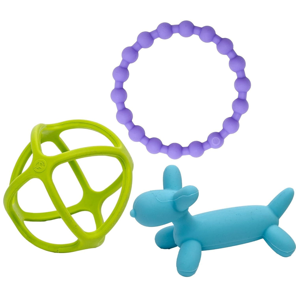WeeSprout puppy dog teether in bright colors soothing gums during play.
