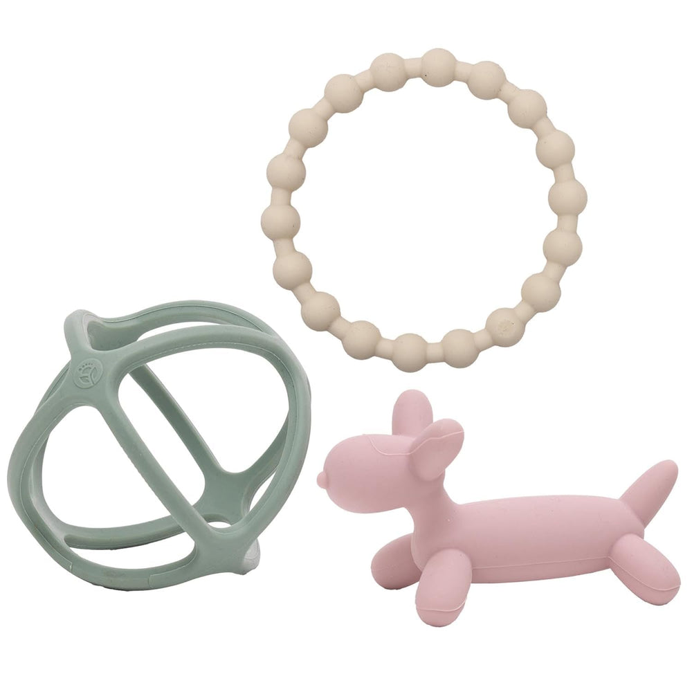 WeeSprout puppy dog teether in silicone soothing gums during teething sessions.