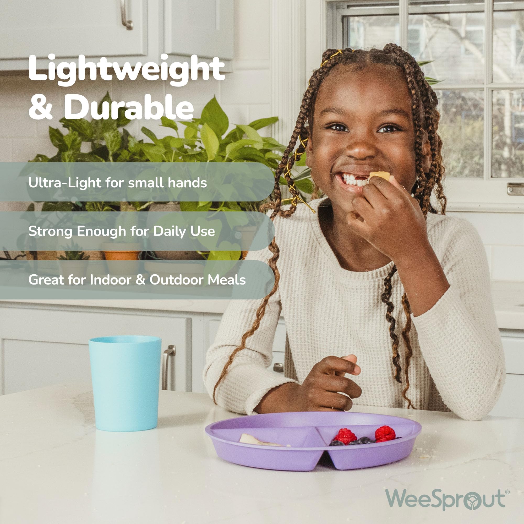 WeeSprout raised-edges divided compartments plates demonstrate spill prevention design