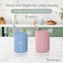 WeeSprout silicone baby cups 8oz two-pack offers longer sipping without spills for toddlers.