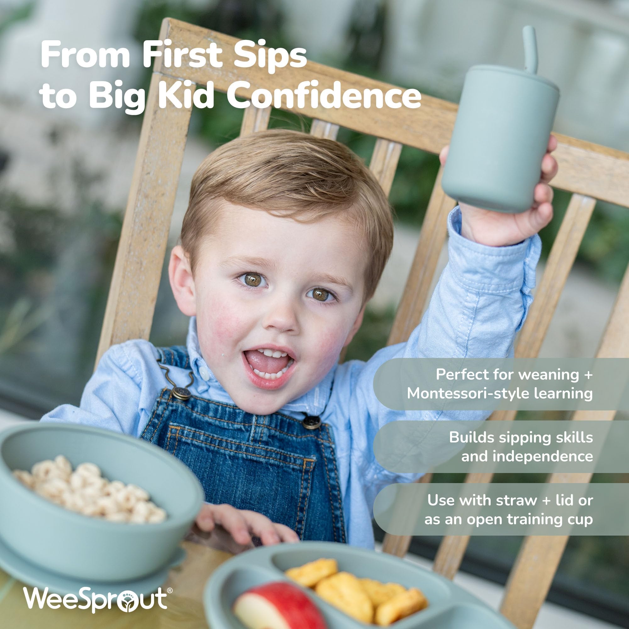 WeeSprout 8oz cups with curved straw support proper lip closure during meals