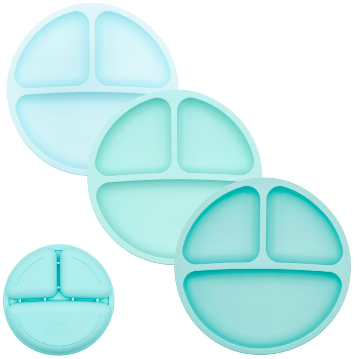 WeeSprout silicone divided plates in a colorful set on table for easy mealtime