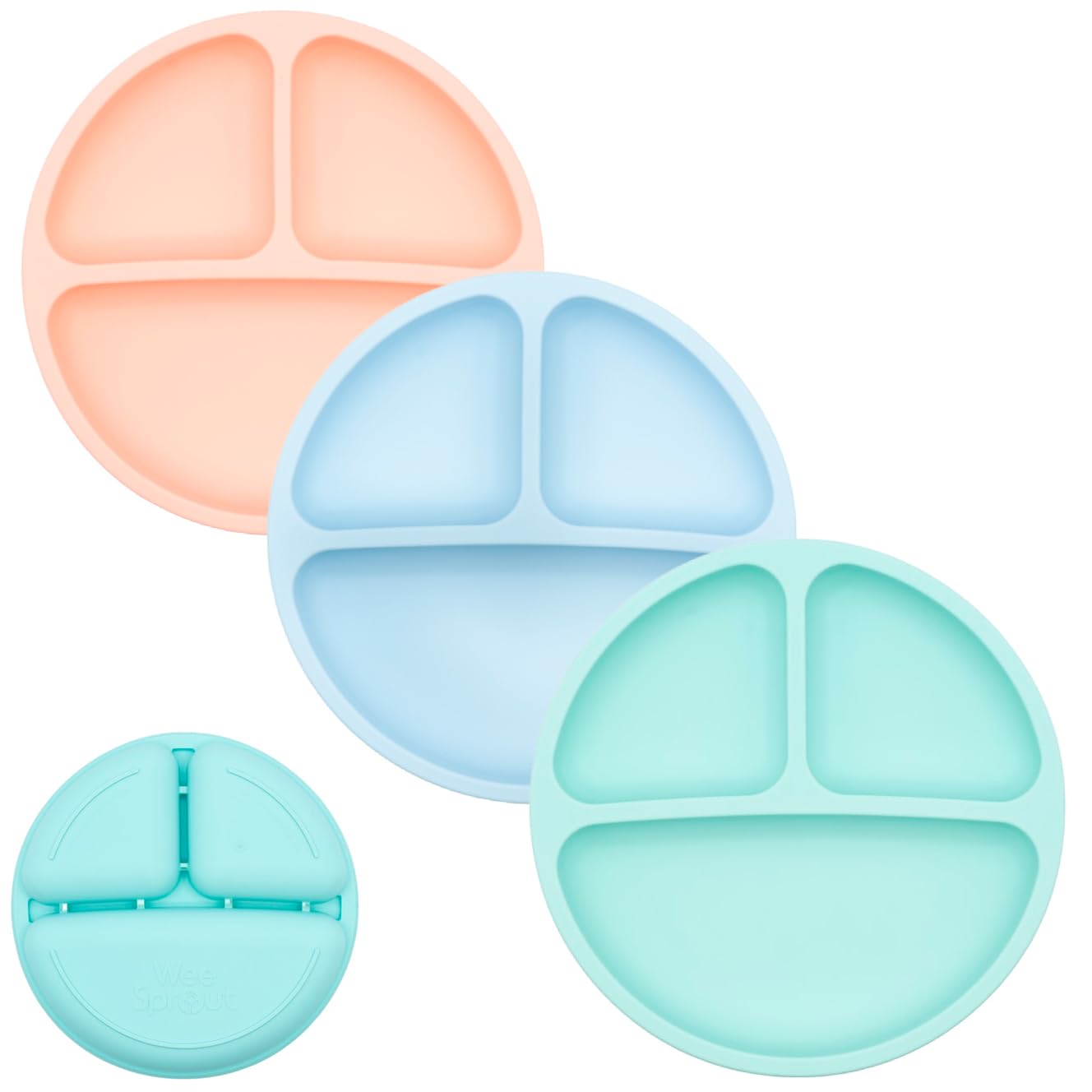 WeeSprout silicone divided plates set in bright colors support toddler independent eating