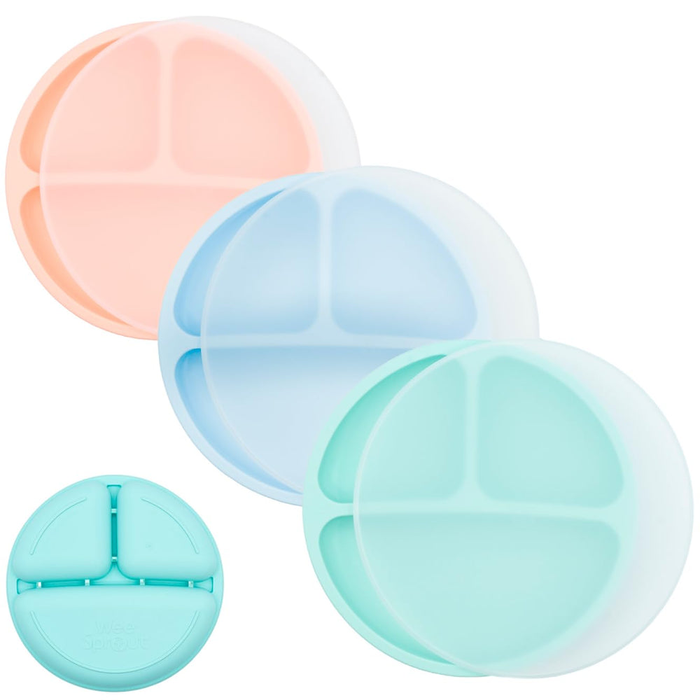 WeeSprout silicone divided plates with lids closeup—durable, kid-friendly design for mealtime