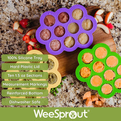 WeeSprout freezer tray with clip-on lid showing secure stacking