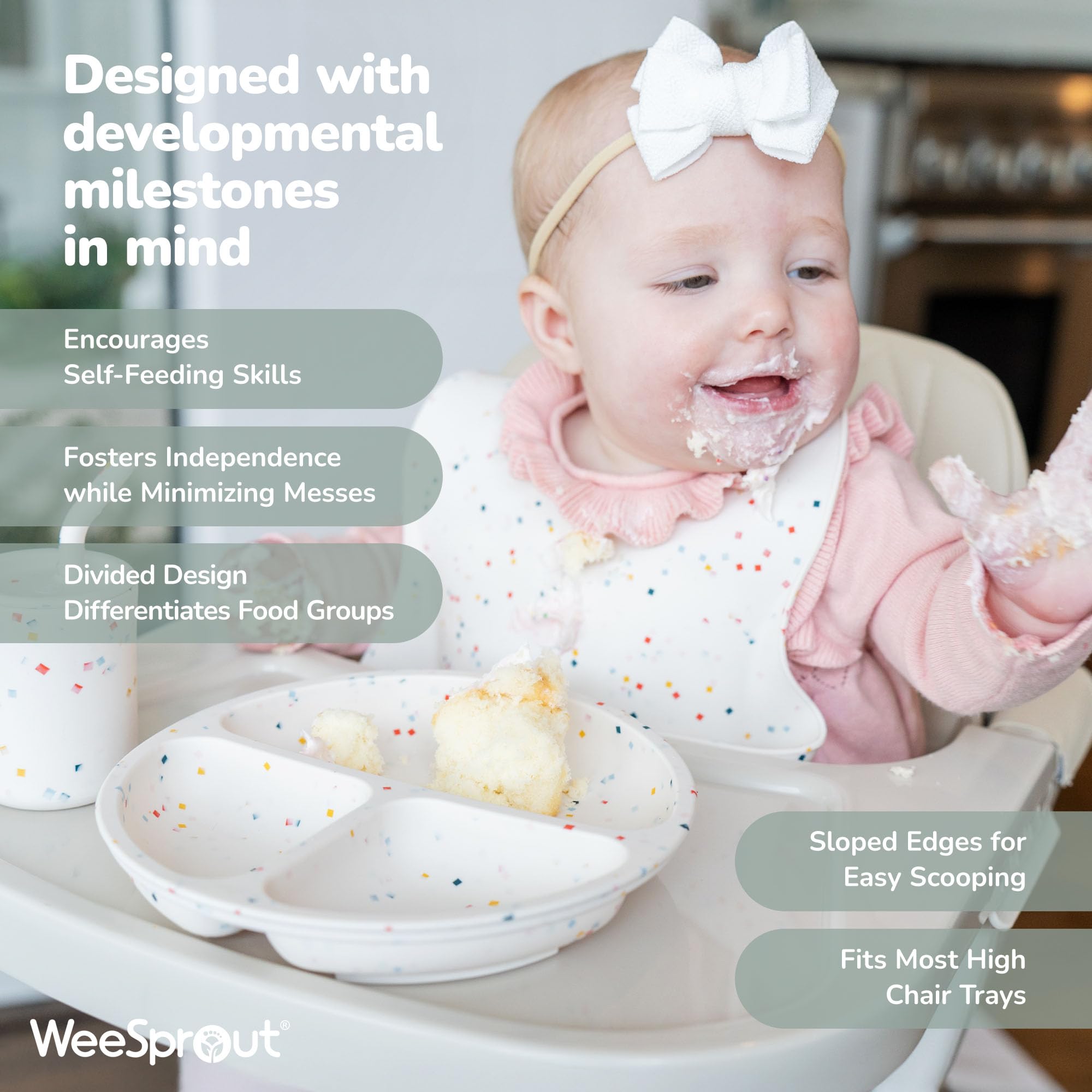 WeeSprout silicone material close-up emphasizes dishwasher and microwave-friendly durability.
