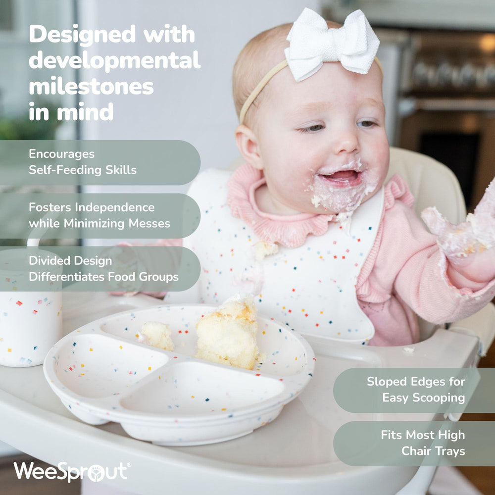 WeeSprout silicone material close-up emphasizes dishwasher and microwave-friendly durability.