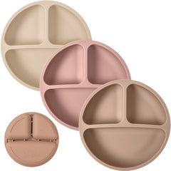 WeeSprout silicone plates 3-pack in vibrant colors support self-feeding and mess-free meals.