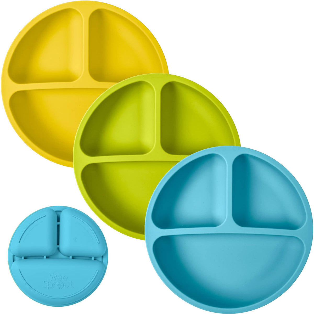 WeeSprout 3-pack silicone plates in bright colors for easy self-feeding at home
