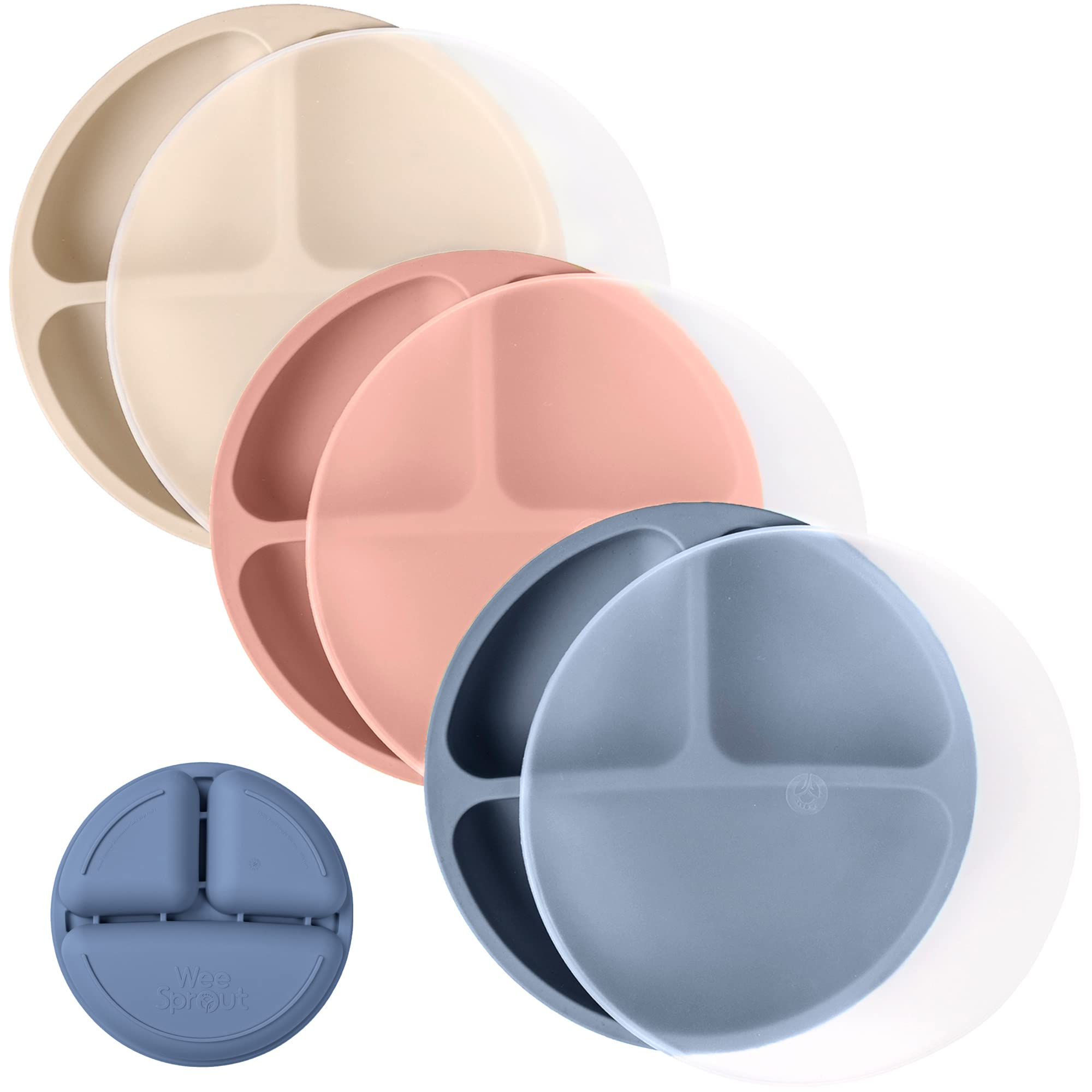 WeeSprout silicone plates 3-pack in vibrant colors support easy self-feeding for toddlers.