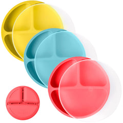 WeeSprout silicone plates 3-pack in bright colors support self-feeding meals.