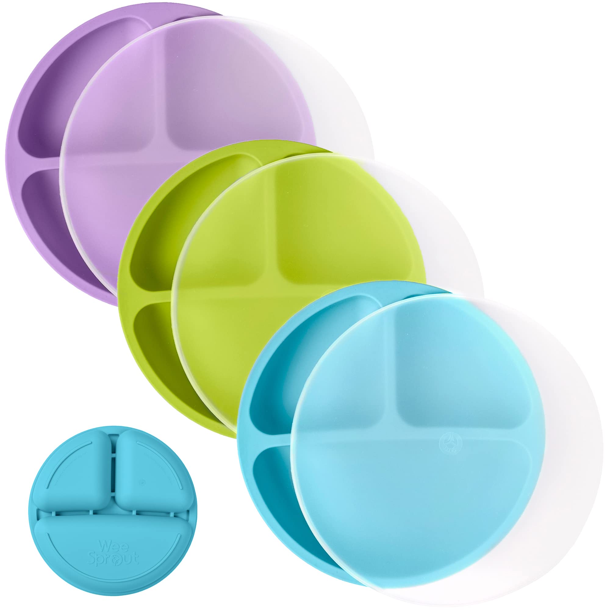 WeeSprout silicone plates with lids in a 3-pack for easy storage.