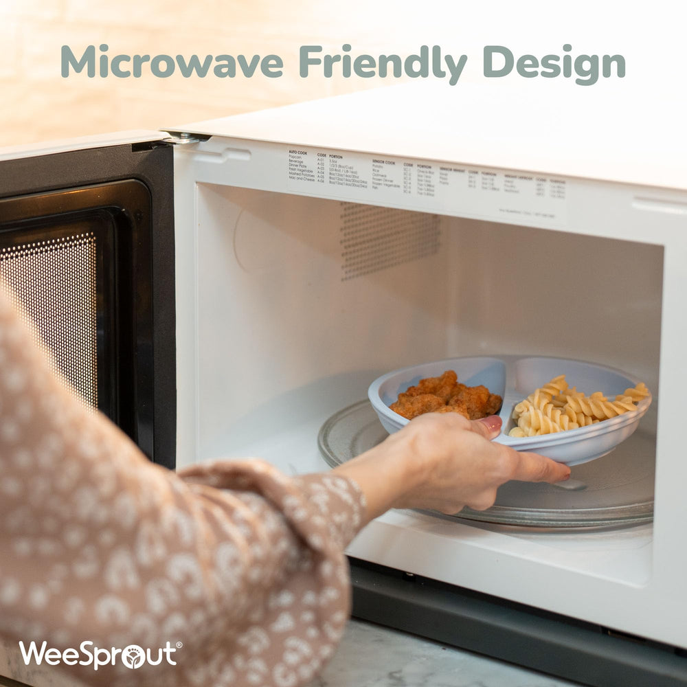 WeeSprout silicone plates are microwave-safe for reheating toddler portions.
