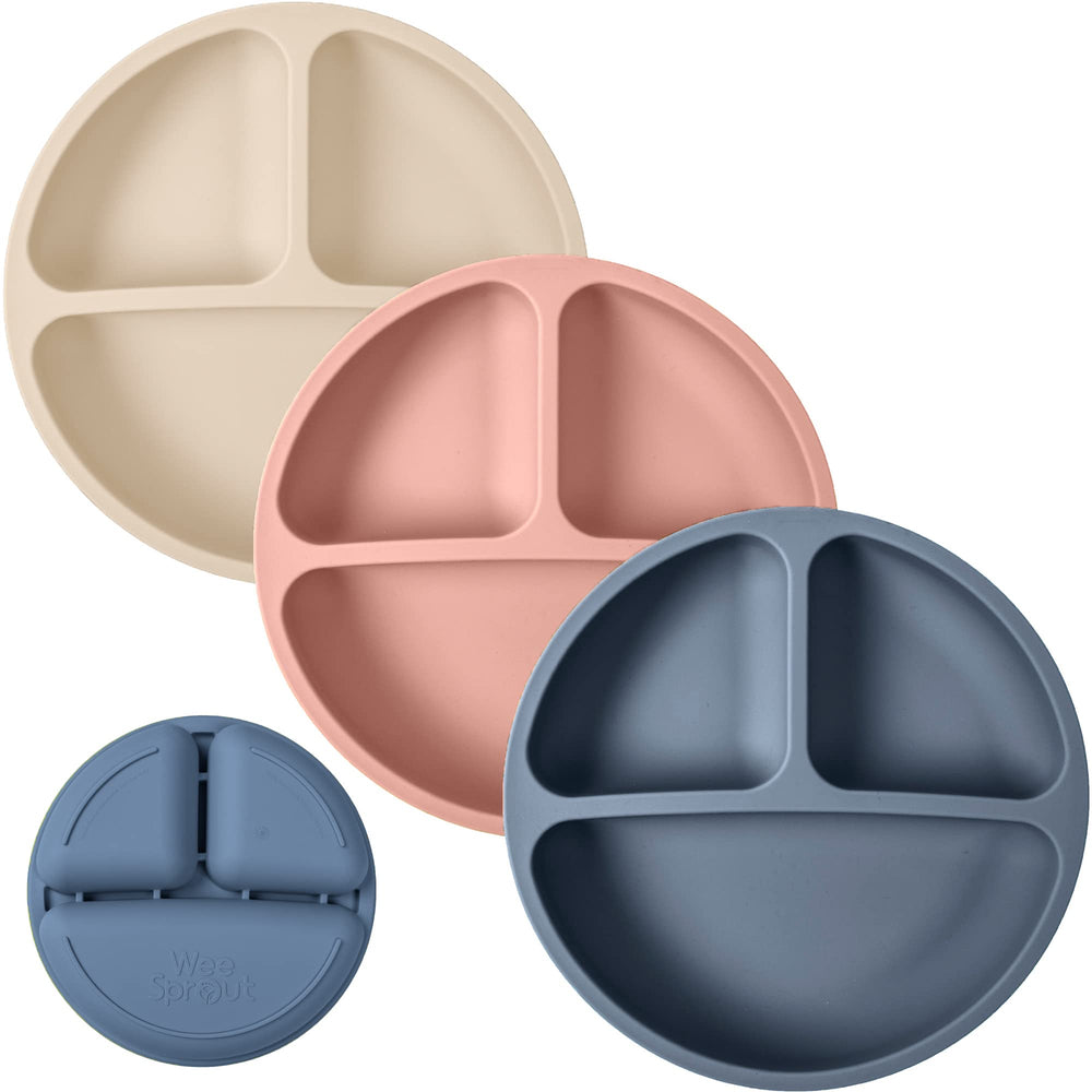 WeeSprout silicone plates three-pack in bright colors for durable self-feeding