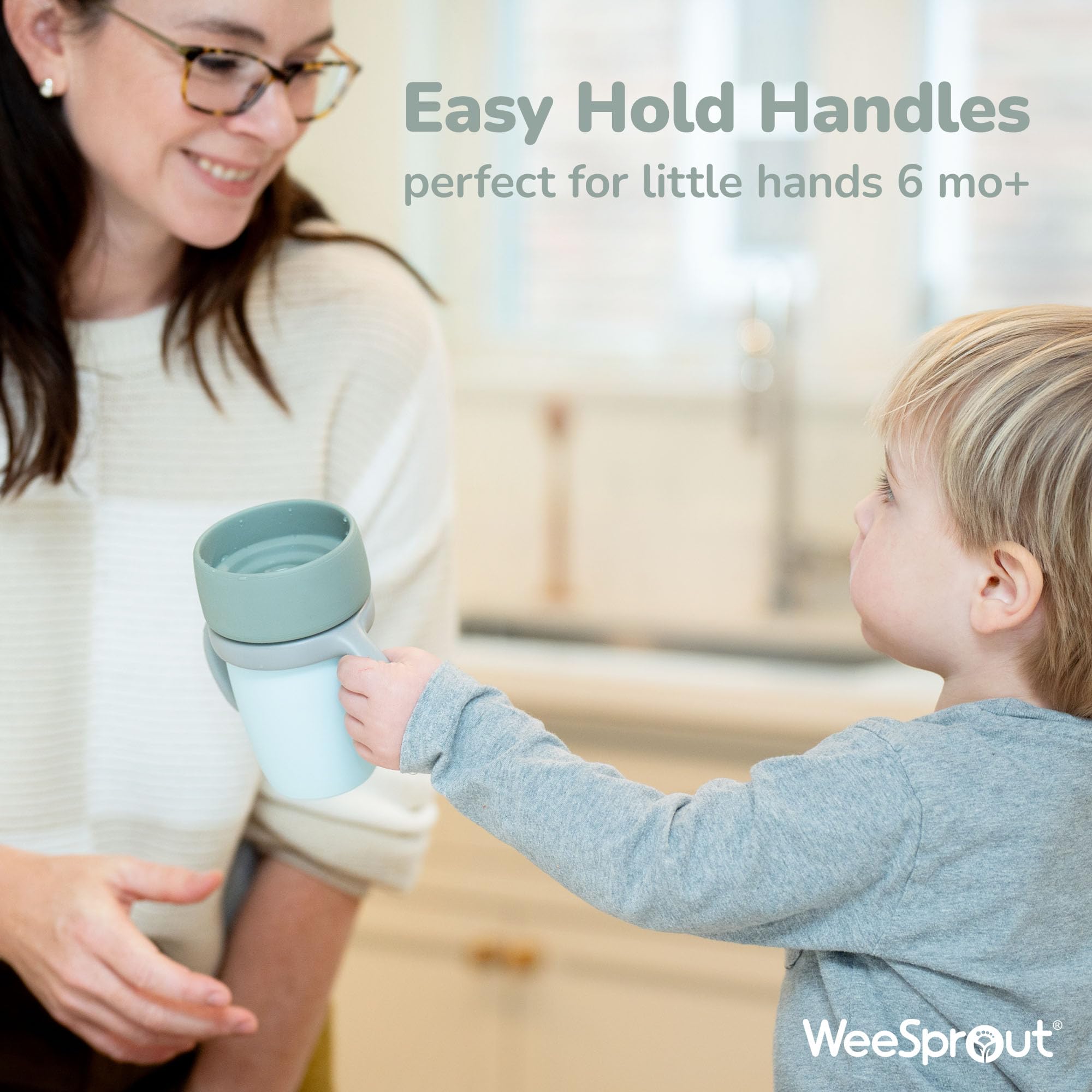 WeeSprout spill-proof cup open-top demonstrates transition from bottle to cup with minimal mess