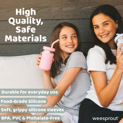 WeeSprout spill-resistant transition cups include built-in straw stoppers to prevent straw removal.