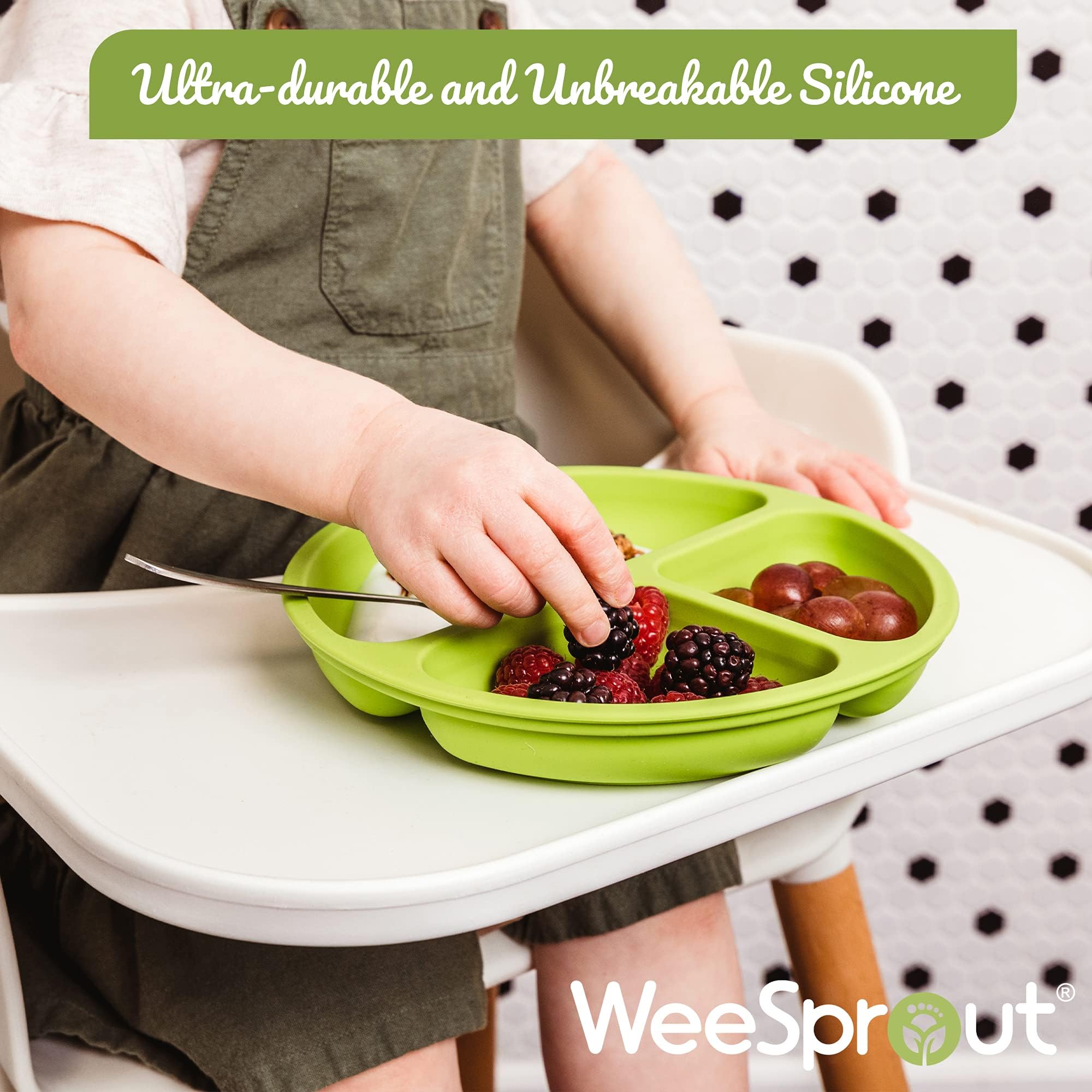 WeeSprout stain-resistant silicone plate staying vibrant after meals