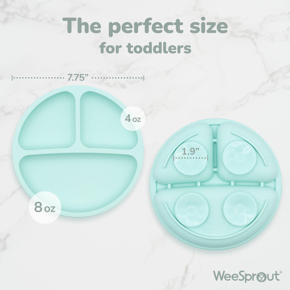 WeeSprout suction plate with divided design keeps foods separate for picky eaters.