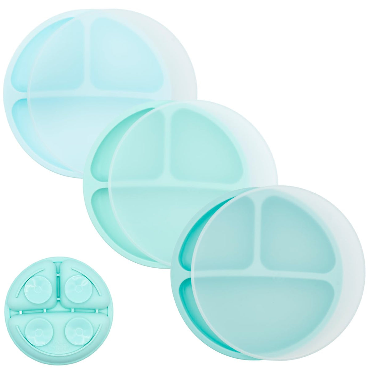 WeeSprout suction plate with lid on table demonstrating four-point suction for mess-free meals.