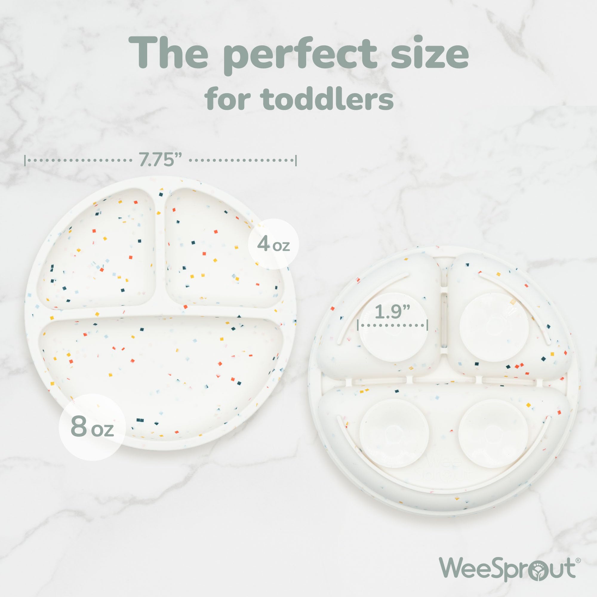 WeeSprout suction plates four-point suction close-up highlights secure plate grip for independent eating.