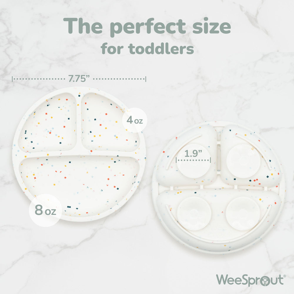 WeeSprout suction plates four-point suction close-up highlights secure plate grip for independent eating.