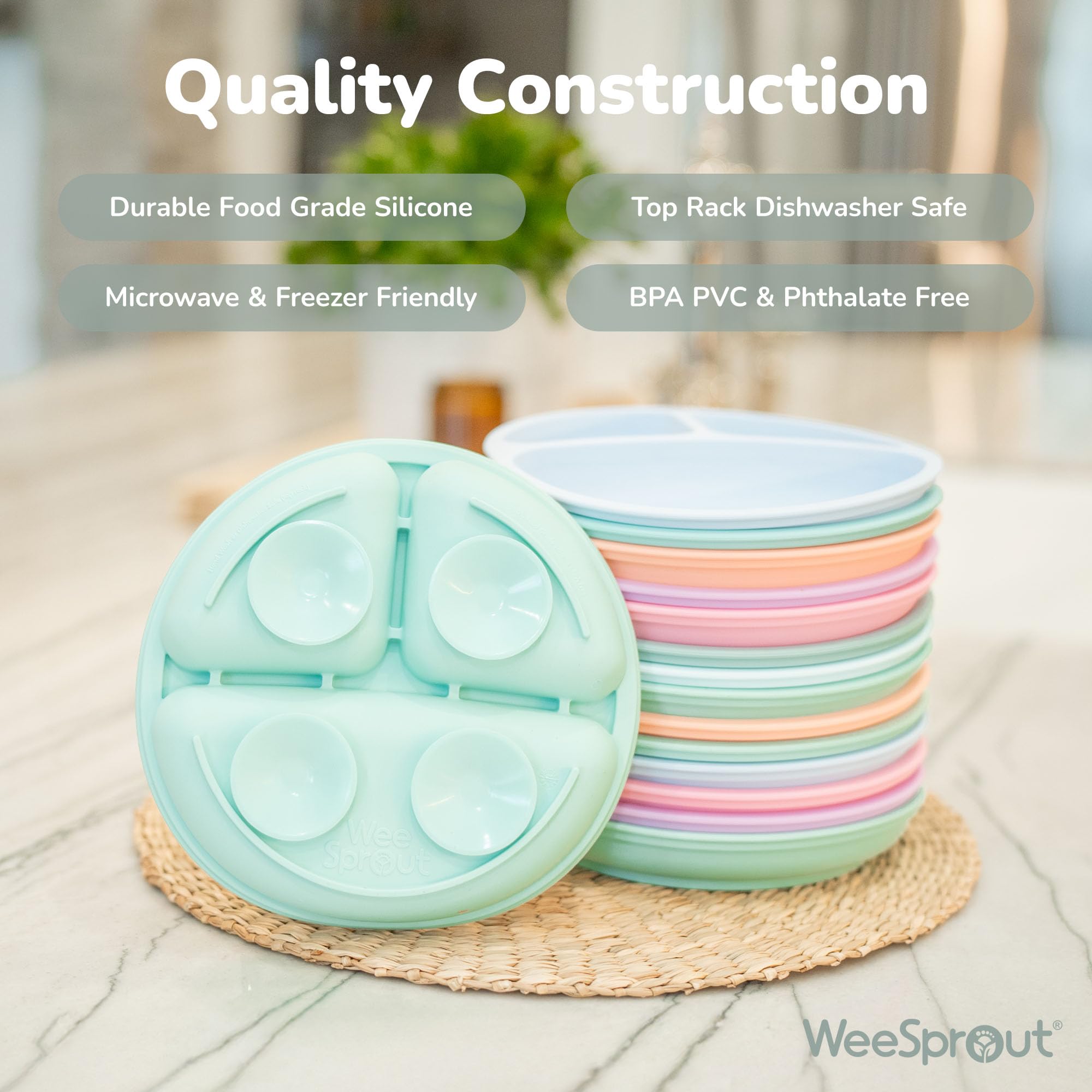 WeeSprout suction plates picky eaters portion sections on table promote independent feeding.