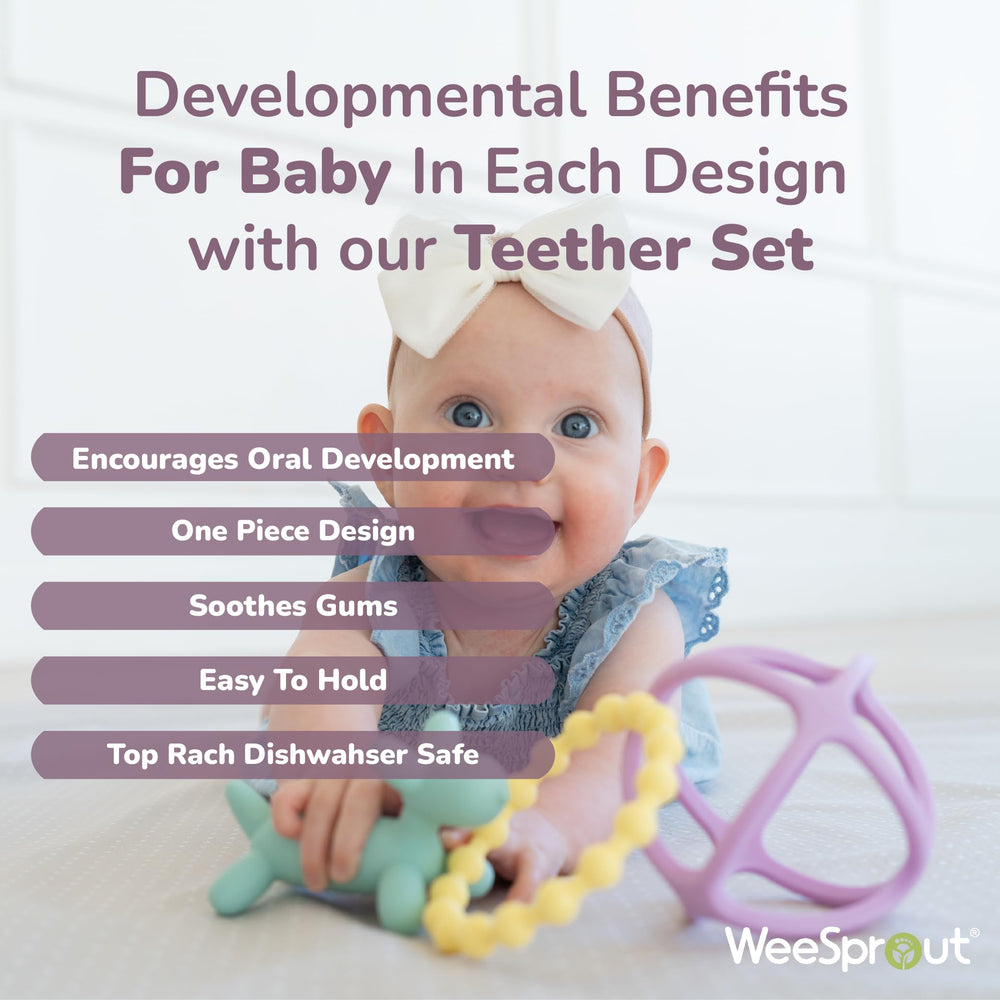 WeeSprout silicone teether ball features flexible bite points for teething relief.