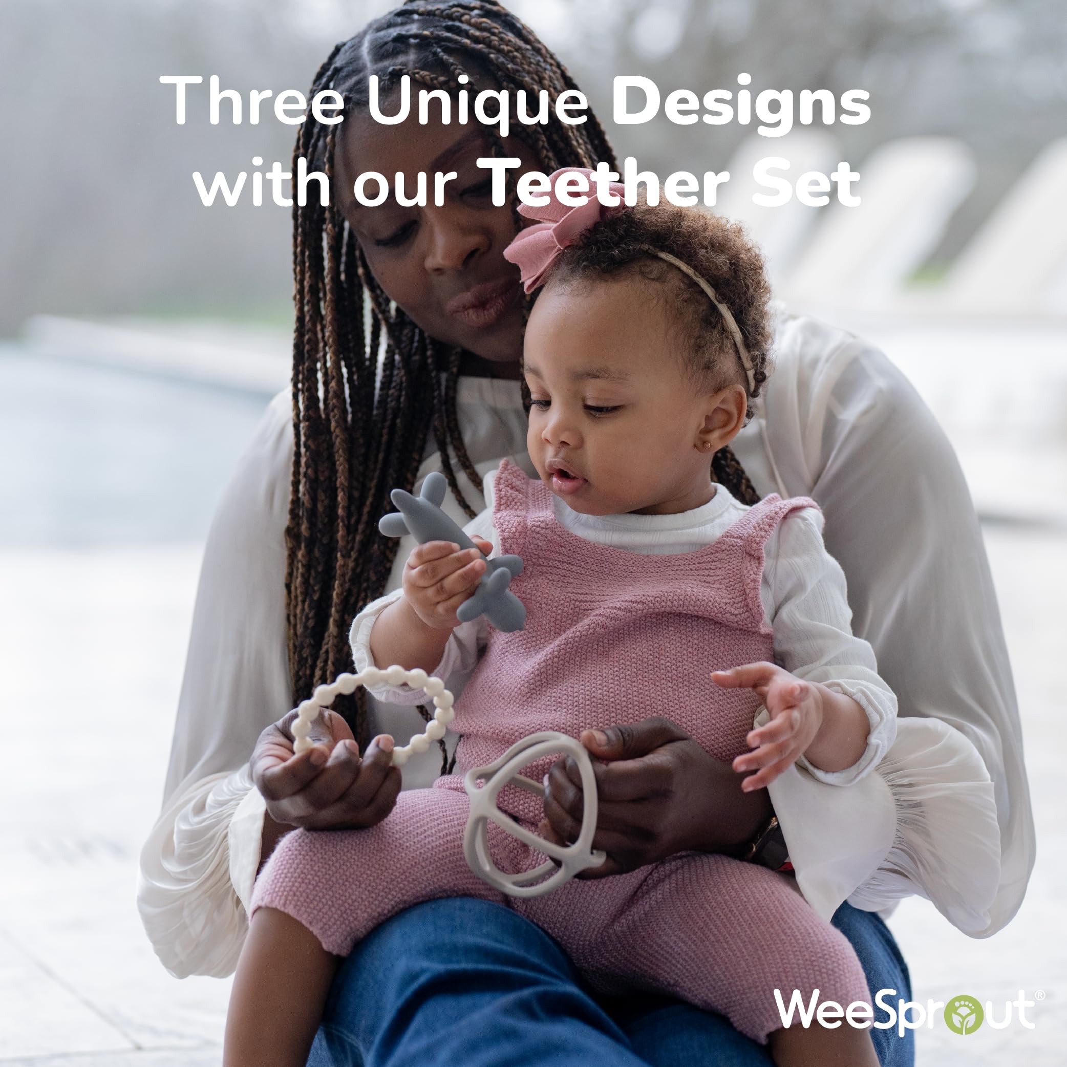 WeeSprout teether ring highlights a flexible silicone ring for early grasping play.