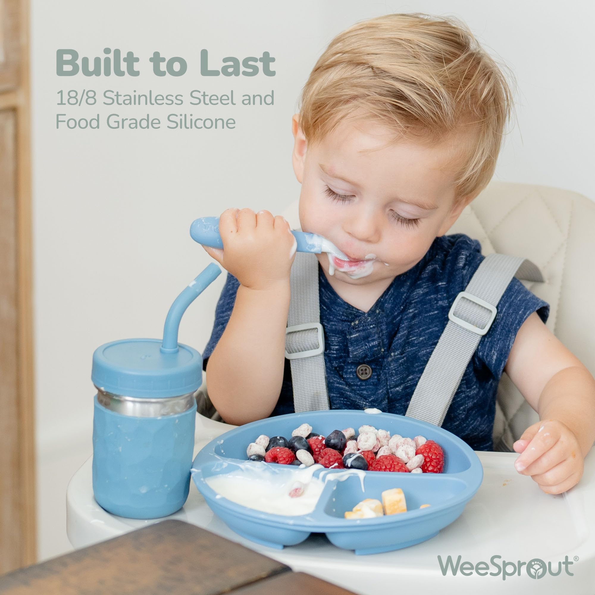 WeeSprout dishwasher safe utensils for quick cleanup after meals.