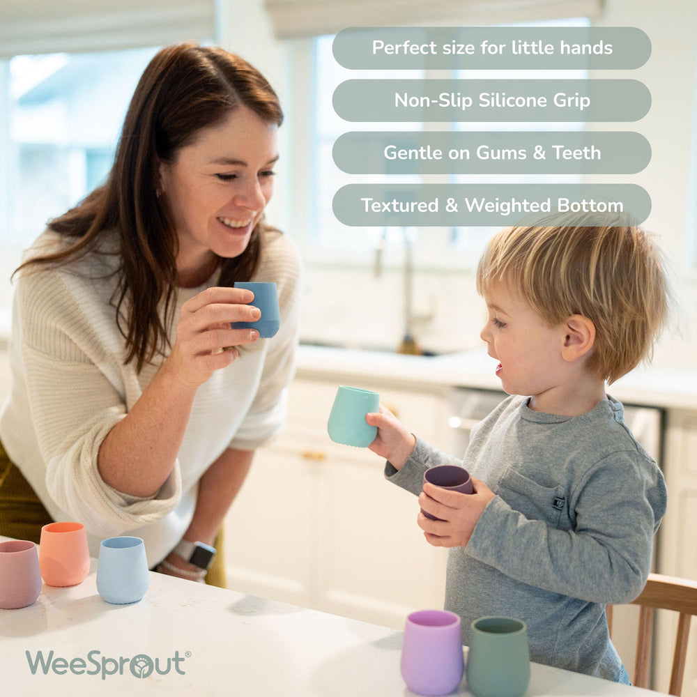 WeeSprout weighted-base stability reduces spills during independent drinking practice.
