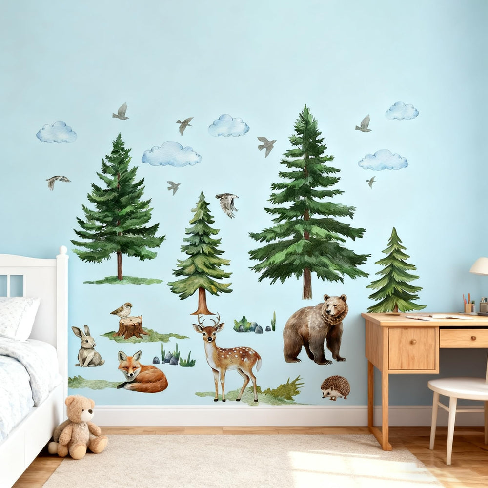 Wefaouse mountain tree wall stickers forest scene—easy peel-and-stick decor for kids' rooms.