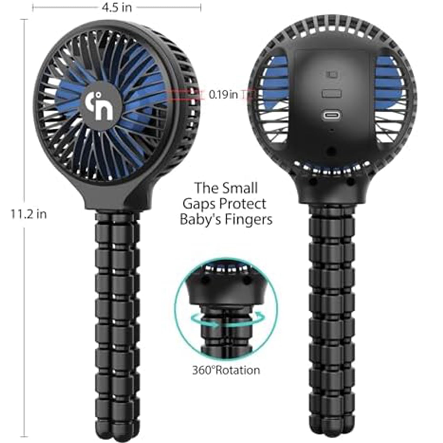 WEGA stroller fan head rotated to show 360-degree directional airflow