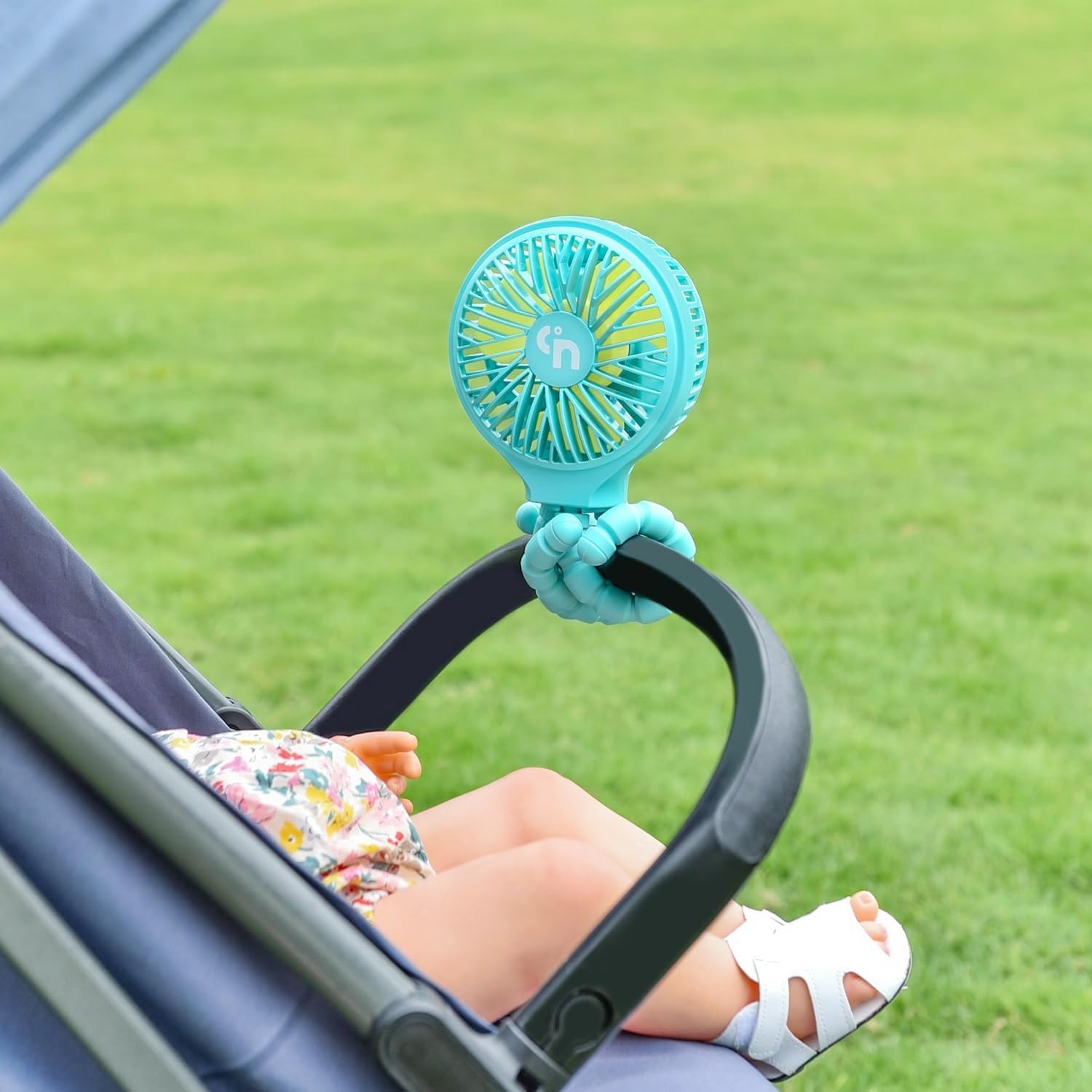 WEGA stroller fan operates quietly for peaceful breeze during activities.