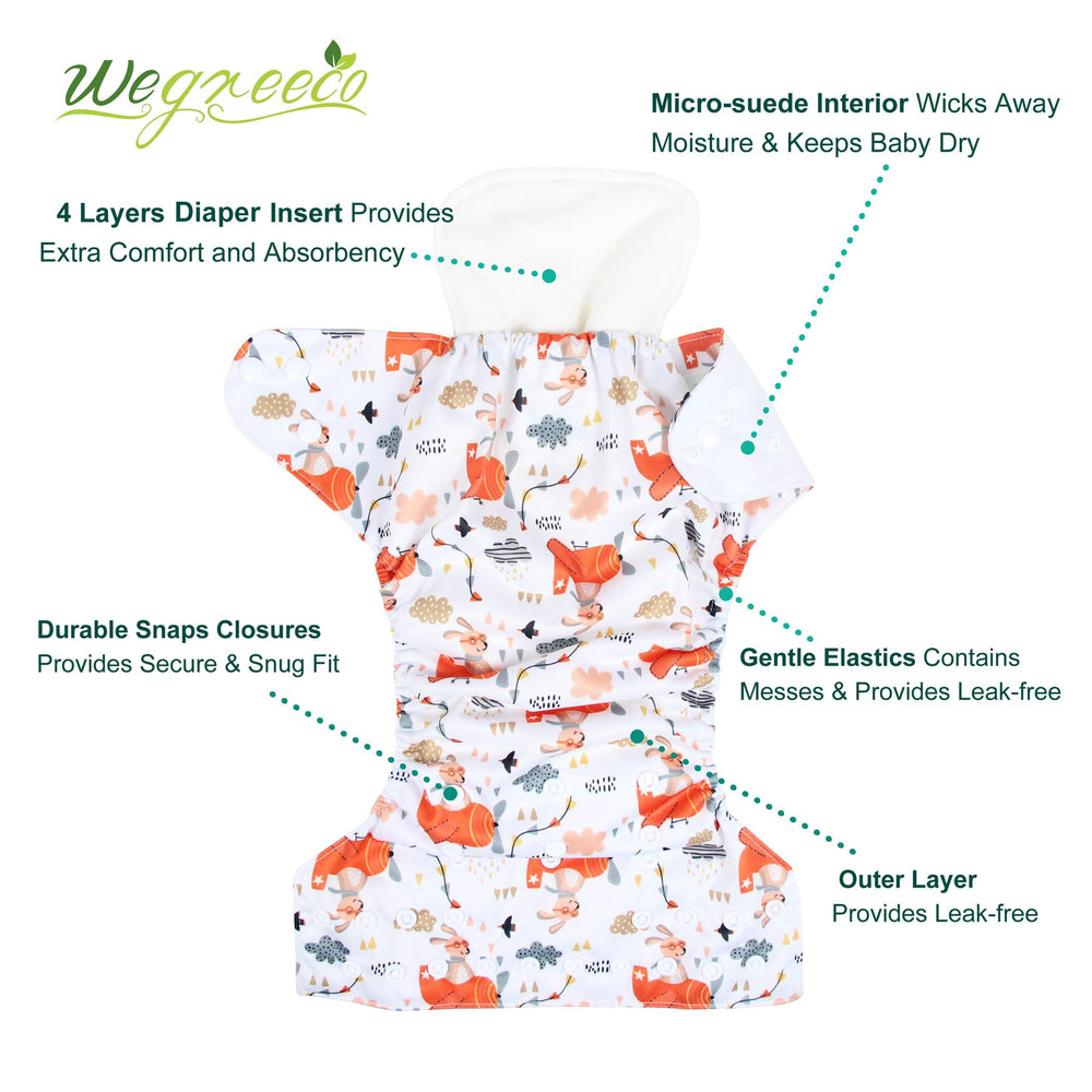 Wegreeco bright animals diaper inserts show four-layer absorbent cores for comfort.