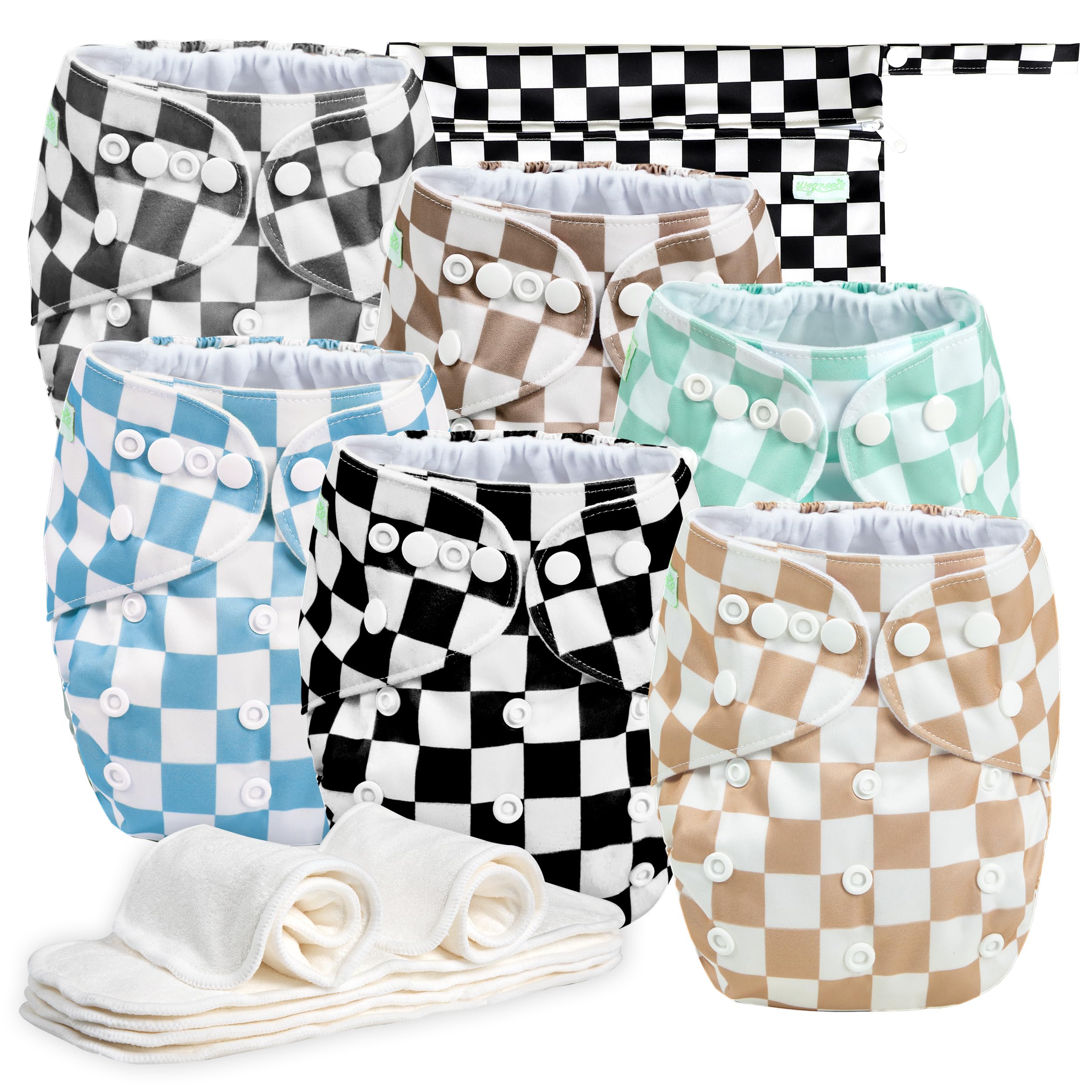 Wegreeco Checkerboard diaper pack shows six reusable diapers for everyday gentle wear.