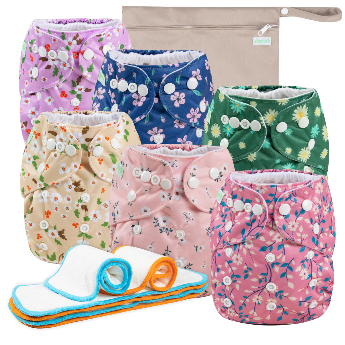 Wegreeco Chrysanthemum diaper pack shows six diapers for growing babies and all-day leak protection.